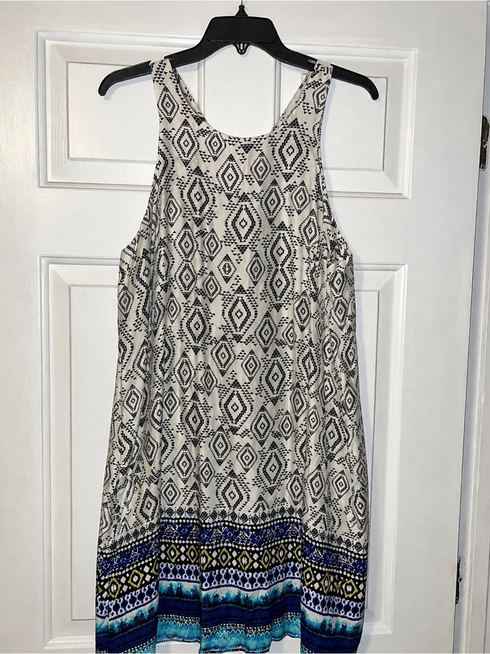 Renee C. Sleeveless Maxi Dress in White with Blue Border Print